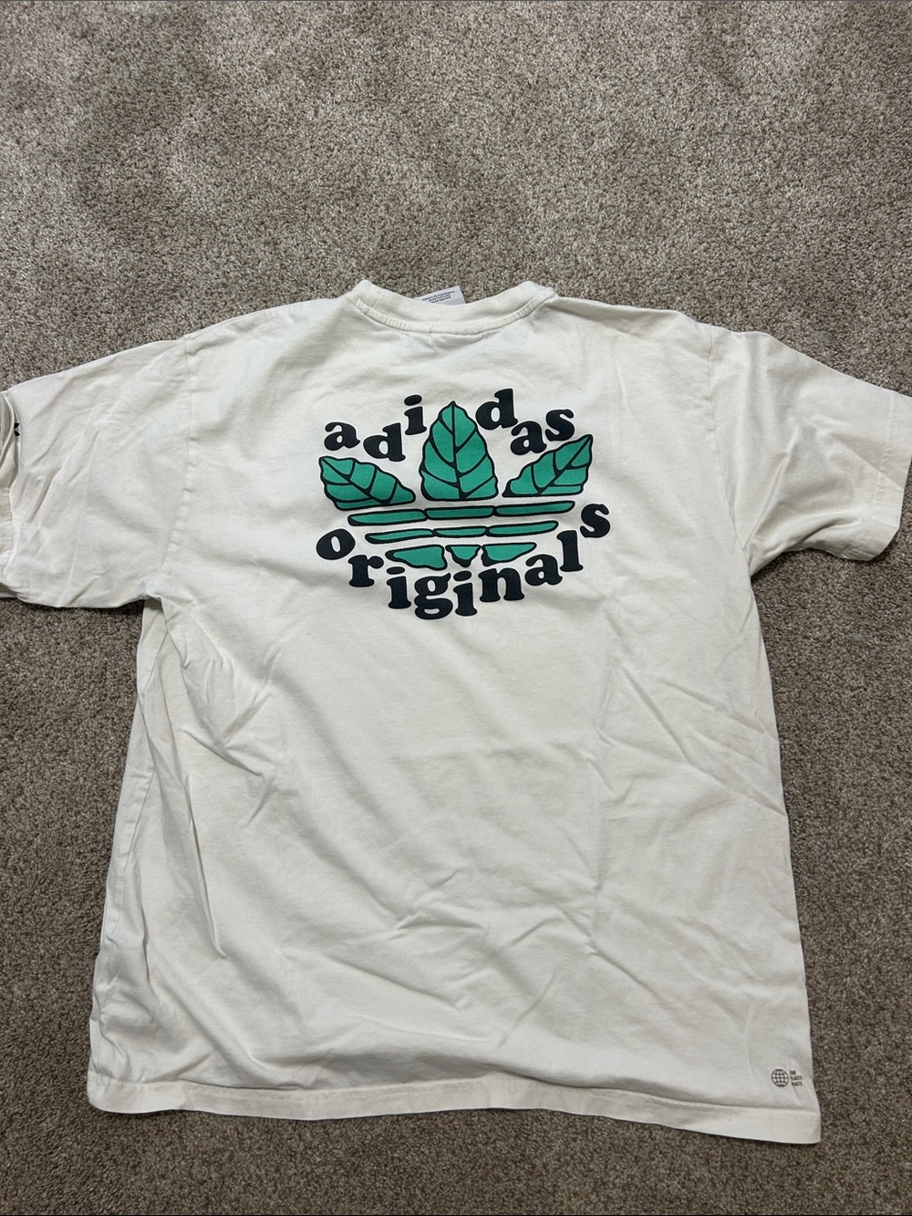 adidas Originals Cream Tee with Green Trefoil Leaf Logo. Size L